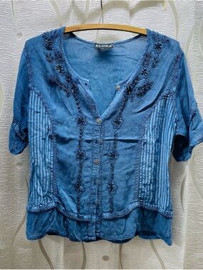 Blue Embroidered Button-Front Shirt